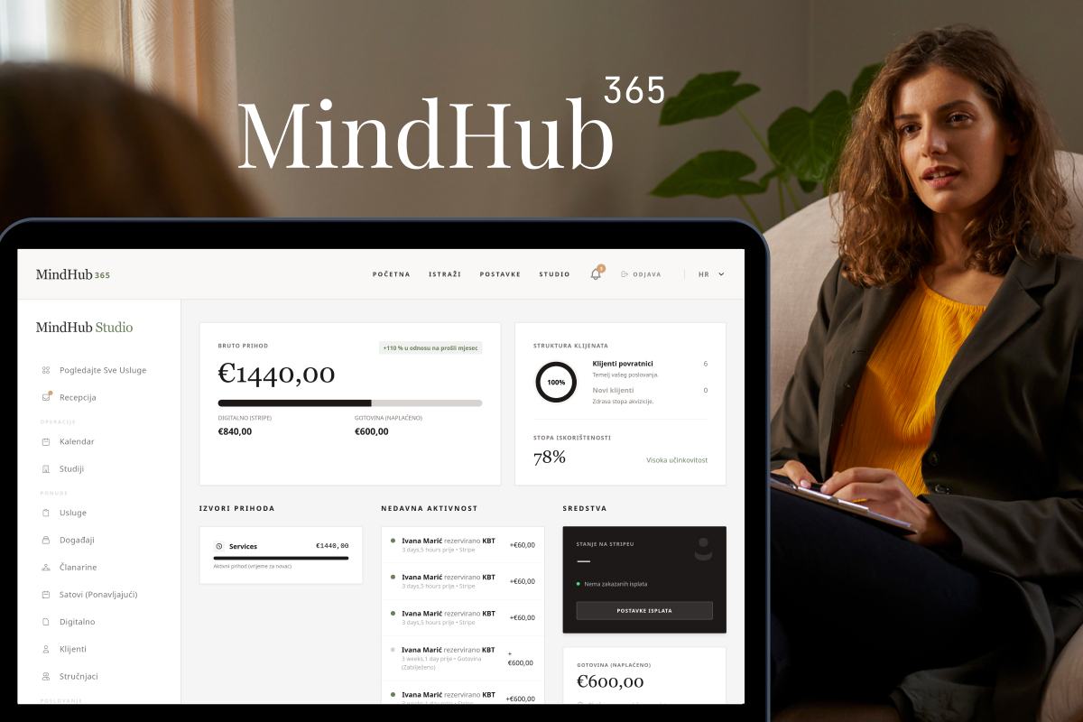 MindHub365 studio dashboard — revenue, client activity and payments
